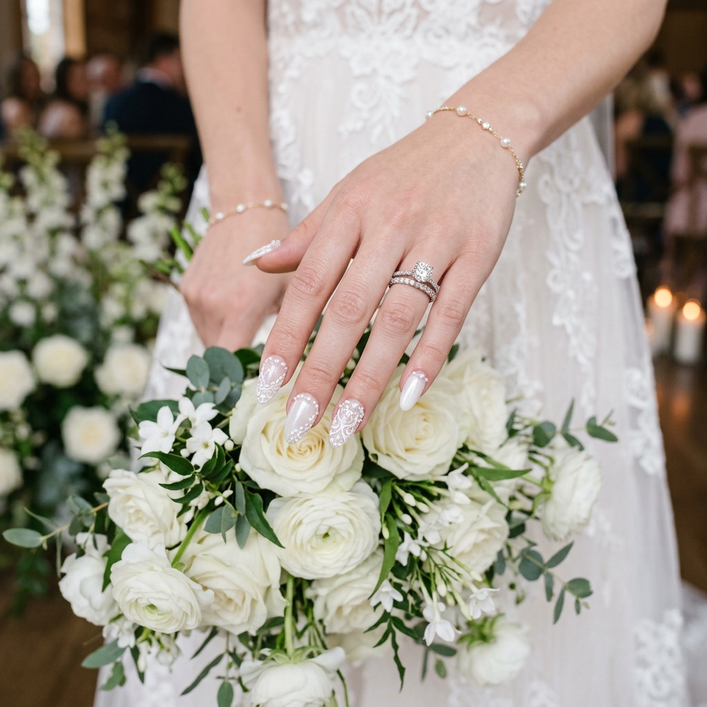 Soft lace pattern bridal nail art