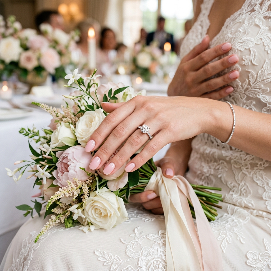 Elegant pearl white bridal manicure