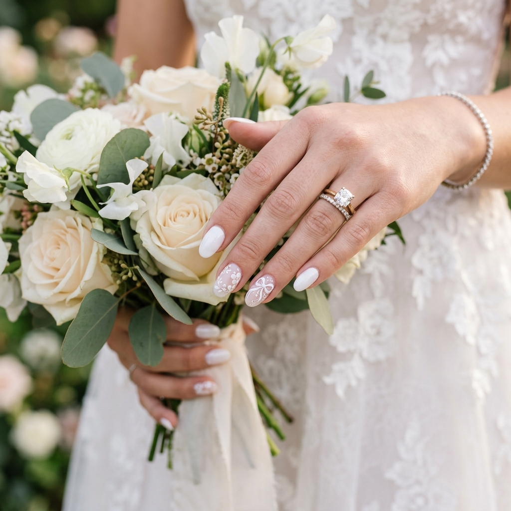 Soft pink bridal ribbon manicure